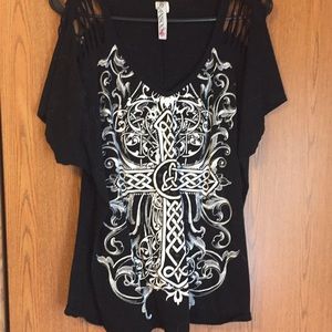 Black cross short sleeve blouse